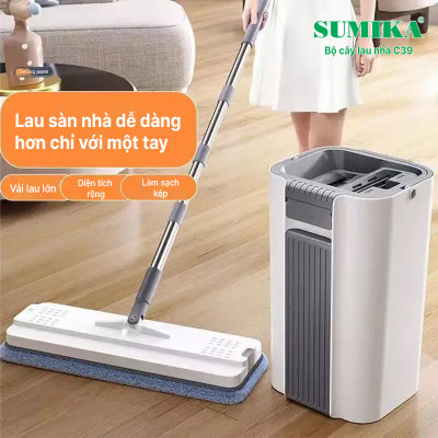 Bộ cây lau nhà SUMIKA C39, thùng lau nhà 2 ngăn tự vắt thông minh, chổi lau sàn nhà 360 độ, 2 bông lau, 1 móc treo cây lau sàn