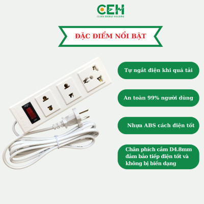 Ổ cắm Điện Quang ĐQ 002A-02 3 lỗ, dài 2 mét và 5 mét, tự ngắt điện khi quá tải, an toàn 99.9% cho người dùng