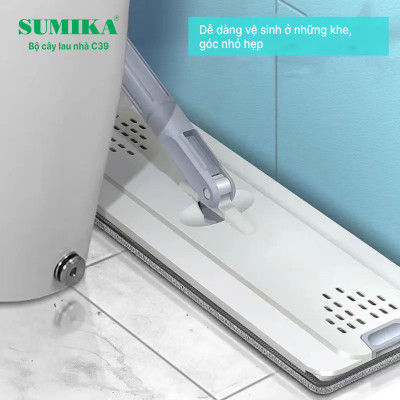 Bộ cây lau nhà SUMIKA C39, thùng lau nhà 2 ngăn tự vắt thông minh, chổi lau sàn nhà 360 độ, 2 bông lau, 1 móc treo cây lau sàn