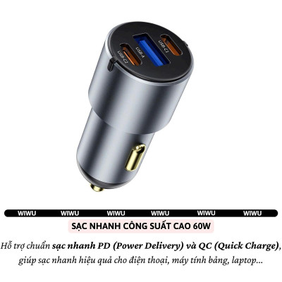 Tẩu củ sạc nhanh 60W cho xe hơi ô tô 2 PD3.0 Type- C + USB-A QC3.0 hiệu WIWU Nano Pro cho iphone 17 16 15 14 13 12 iPad vivo samsung macbook - hàng chính hãng