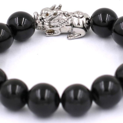 Vòng tay chuỗi hạt đá thạch anh đen 12 ly - cẩn Tỳ Hưu inox VTAETHT12 - hợp mệnh Thủy, mệnh Mộc
