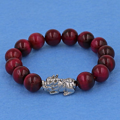 Vòng đeo tay đá mắt hổ đỏ 12 ly - cẩn Tỳ Hưu inox bạc VMHOTHT12 - hợp mệnh Hỏa, mệnh Thổ