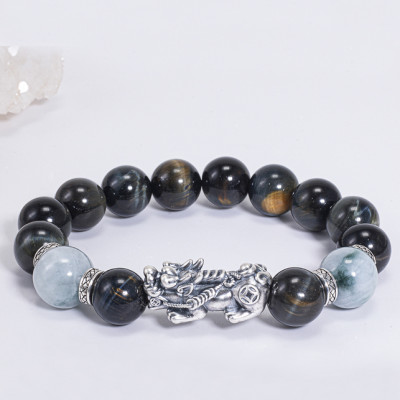 Vòng Tay Phong Thủy Nam Đá Mắt Hổ Xanh Đen Mix Đá Cẩm Thạch Phỉ Thúy Phối Charm Tỳ Hưu Bạc (12mm) Mệnh Thủy, Mộc Ngọc Quý Gemstones
