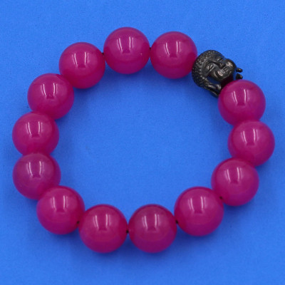 Vòng đeo tay thạch anh hồng 14 ly cẩn hạt Phật A Di Đà inox đen VTAHNLE14 - hợp mệnh Hỏa, mệnh Thổ