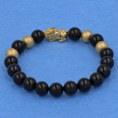 Vòng tay thạch anh đen 8 ly - cẩn Tỳ Hưu inox vàng VTAETHVB8 + hộp nhung - hợp mệnh Thủy, mệnh Mộc