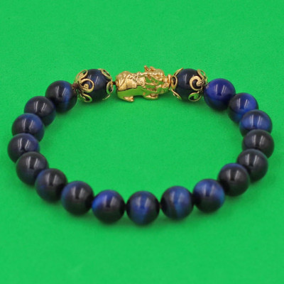 Vòng đeo tay Đá Mắt Hổ Xanh Đen 8 ly - cẩn Tỳ Hưu Phong Thủy inox vàng VMHXETHHKV8 - hợp mệnh Mộc, mệnh Thủy