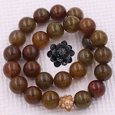 [Mệnh Kim, Thổ] Vòng Chuỗi Niệm Phật Đá Vân Rồng Vàng Nâu 14 Ly 27 Hạt Charm Hoa Sen Inox, Vòng Chuỗi Phật Giáo, Chuỗi Niệm Phật Hạt To - Phong Thủy 868