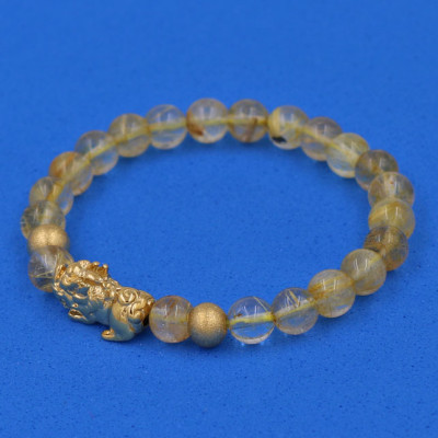 Vòng đeo tay Thạch Anh Tóc vàng 6 ly cẩn Tỳ Hưu inox vàng VTATVTHHBV6 - hợp mệnh Kim, mệnh Thổ 