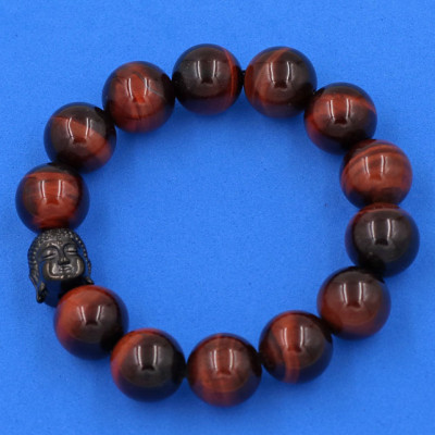 Vòng đeo tay đá mắt hổ đỏ đen 14 ly cẩn hạt Phật A Di Đà inox đen VMHOENLE14 - hợp mệnh Hỏa, mệnh Thổ