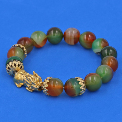 Vòng tay Thạch Anh Xanh Nâu 12 ly Tỳ Hưu Phong Thủy Chiêu Tài Lộc inox vàng VTAXNTHBKV12  