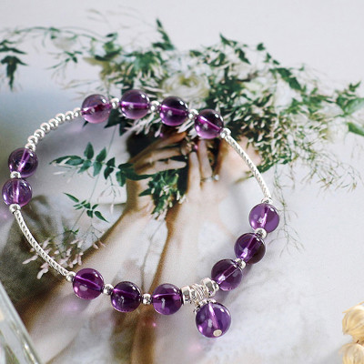 Vòng tay đá thạch anh tím phối charm bi bạc mệnh hỏa, thổ - Ngọc Quý Gemstones