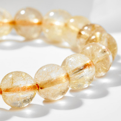 Vòng Tay Phong Thủy Nữ Đá Thạch Anh Tóc Vàng Phối Hoa Mẫu Đơn (9mm) Mệnh Thổ, Kim Ngọc Quý Gemstones