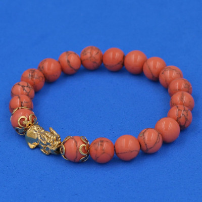 Vòng tay chuỗi hạt San Hô Cam Sọc 8 ly - cẩn Tỳ Hưu Phong Thủy inox vàng VSHCSTHHKV8 - hợp mệnh Hỏa, mệnh Thổ