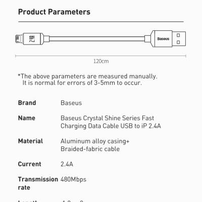 Cáp sạc nhanh và truyền dữ liệu Ba-se-us Crystal Shine Series Fast Charging Data Cable USB to iP 2.4A - Hàng chính hãng
