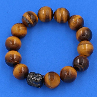 Vòng đeo tay đá mắt hổ vàng đen 14 ly cẩn hạt Phật A Di Đà inox đen VMHVENLE14 - hợp mệnh Thổ, mệnh Kim