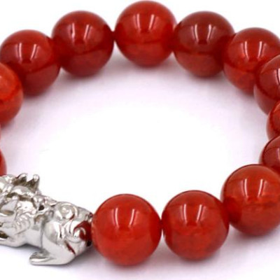 Chuỗi đeo tay đá vân rồng đỏ 12 ly - cẩn Tỳ Hưu inox VVROTHT12 - hợp mệnh Hỏa, Thổ