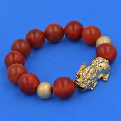 Vòng chuỗi đeo tay gỗ đỏ 15 ly ( size lớn ) charm tỳ hưu và bi inox, vòng tay chuỗi hạt