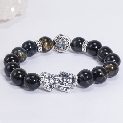 Vòng Tay Phong Thủy Nam Đá Mắt Hổ Xanh Đen Phối Charm Tỳ Hưu Bạc (10mm) Mệnh Thủy, Mộc Ngọc Quý Gemstones