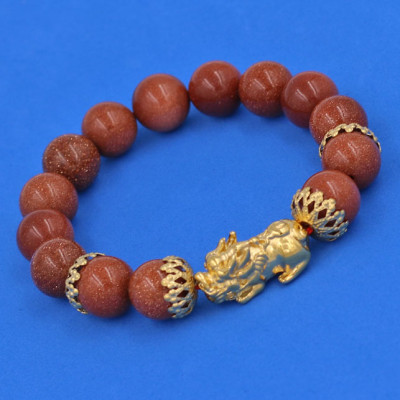 Chuỗi đeo tay Đá Kim Sa 12 ly - cẩn Tỳ Hưu Phong Thủy inox vàng Chiêu Tài Lộc VKSTHBKV12 - Vòng tay, lắc tay phong thủy