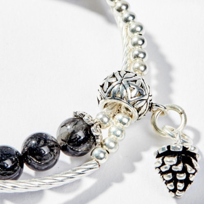 Vòng Tay Phong Thủy 2 Line Đá Thạch Anh Tóc Đen Phối Charm Trái Thông (6mm) mệnh Thủy, Mộc Ngọc Quý Gemstones