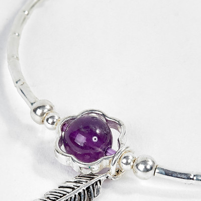 Vòng Bạc Hạt Đá Thạch Anh Tím Phối Charm Lá Ngọc Quý Gemstones