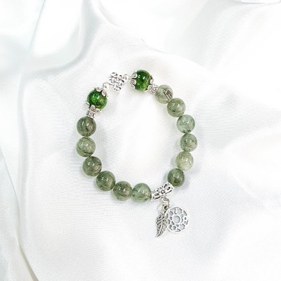 Vòng tay mệnh mộc, hỏa đá thạch anh tóc xanh mix đá diopside + charm đồng tâm, lá LAT.95
