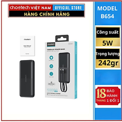 Pin dự phòng Choetech B654 22.5W  tích hợp 2 cáp sạc Type C và Light-ning dung lượng 10.000mAh ( Hàng chính hãng)