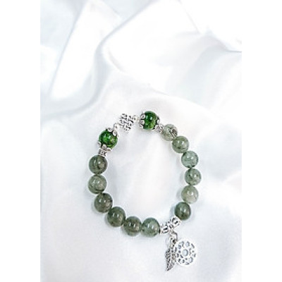 Vòng tay mệnh mộc, hỏa đá thạch anh tóc xanh mix đá diopside + charm đồng tâm, lá LAT.95