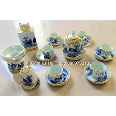 Bộ ấm chén chóp lửa trúc lâm thất hiền bọc đồng kèm hộp xi sang trọng