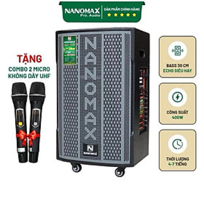 Loa Kéo Nanomax SK-12X5 ( Xám ) Bass 30cm 400w Karaoke Bluetooth Tặng Kèm 2 Mic Hát karaoke. Hàng chính hãng