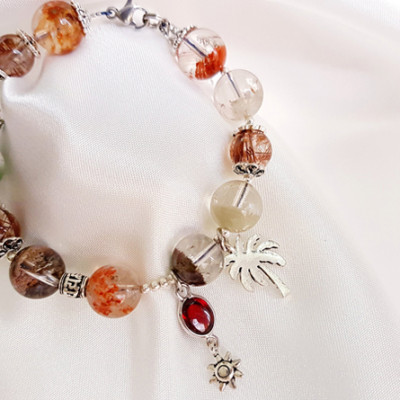 Vòng Tay Laliz Mệnh Thổ, Kim Đá Thạch Anh Ưu Linh Kết Hợp Thạch Anh Tóc Nâu Charm Bạc Đá Garnet - TAR.07