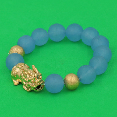 Vòng chuỗi đeo tay đá thạch anh xanh biển mờ 14 ly ( size lớn ) charm tỳ hưu và bi inox vàng, vòng tay chuỗi hạt