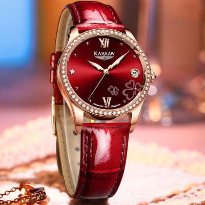 Đồng hồ nữ chính hãng KASSAW K996-1 ,Fullbox, Kính sapphire ,chống xước,chống nước,mặt đỏ vỏ vàng hồng dây da, thép không gỉ 316L, Mới 100%,Bảo hành 24 tháng,thiết kế lộ cơ đơn giản,trẻ trung và sang trọng
