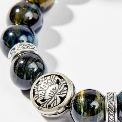 Vòng Tay Phong Thủy Nam Đá Mắt Hổ Xanh Đen Phối Charm Tỳ Hưu Bạc (10mm) Mệnh Thủy, Mộc Ngọc Quý Gemstones