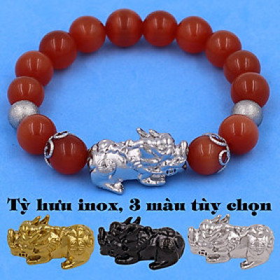 Vòng chuỗi đeo tay đá mắt mèo đỏ 10 ly charm tỳ hưu inox, bi inox, khía bông inox, vòng tay phong thuỷ