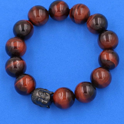 Vòng đeo tay đá mắt hổ đỏ đen 14 ly cẩn hạt Phật A Di Đà inox đen VMHOENLE14 - hợp mệnh Hỏa, mệnh Thổ