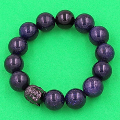 Vòng đeo tay đá lam sa 14 ly cẩn hạt Phật A Di Đà inox đen VLSNLE14