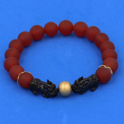 Vòng tay Thạch Anh Đỏ Mờ size 8 ly, 10 ly, 12 ly - Vòng tay Tỳ Hưu Đôi inox đen VTAOMTHHEV8 - hợp mệnh Hỏa, mệnh Thổ