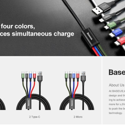 Dây sạc 4 IN 1 đa năng của Baseus  (3.5A, 120cm , Fast charge 4 in 1 Cable) cho iPhone/ iPad, Smartphone Android  - Hàng chính hãng