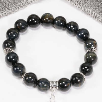 Vòng Mắt Hổ Xanh Đen Phối Charm Hoa Sen Bạc (10mm) Ngọc Quý Gemstones