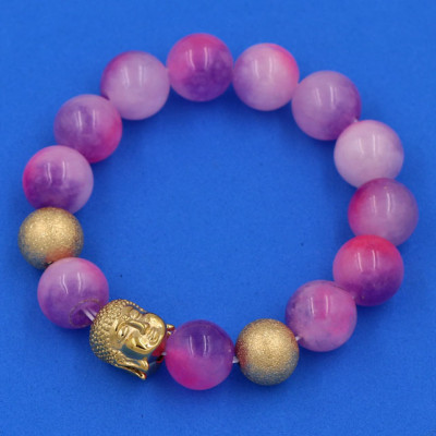 Chuỗi đeo tay Thạch Anh Tím Hồng 14 ly - Vòng tay Phật A Di Đà inox vàng VTAHINLVHB14 - hợp mệnh Hỏa, mệnh Thổ - Vòng đeo tay size lớn