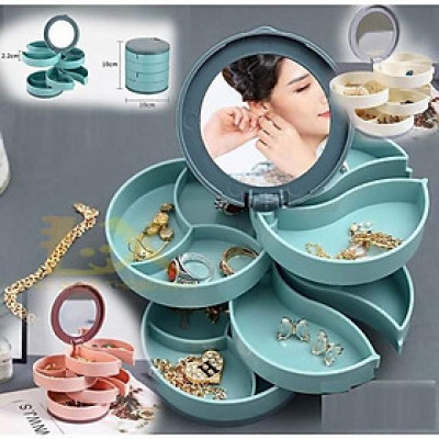 Hộp đựng trang sức 4 tầng khay xoay 360 độ có gương nhỏ gọn - HENRYSA