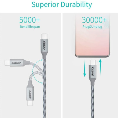 Dây cáp sạc nhanh 100w Type-C to Type-C PD 3.1 hiệu CHOETECH XCC1002 dài 180cm truyền data tốc độ cao cho Samsung / Huawei / Xiaomi / Tablet / Macbook / Laptop Type C (5A, QC 4.0 Quick Charge) - Hàng chính hãng