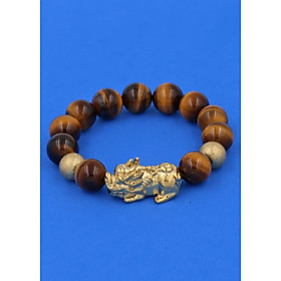 Chuỗi đeo tay Đá Mắt Hổ Vàng Đen 14 ly mix Tỳ Hưu inox vàng TH9 - hợp mệnh Thổ, mệnh Kim