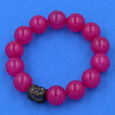 Vòng đeo tay thạch anh hồng 14 ly cẩn hạt Phật A Di Đà inox đen VTAHNLE14 - hợp mệnh Hỏa, mệnh Thổ