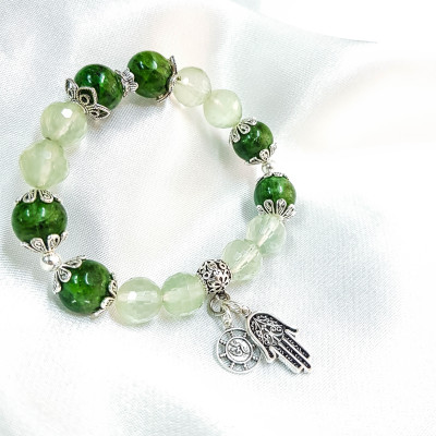 Vòng tay mệnh mộc, hỏa đá thạch anh xanh mix đá diopside+ charm bàn tay LAT.99