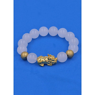 Chuỗi đeo tay Thạch Anh Trắng 12 ly - cẩn Tỳ Hưu Phong thủy inox vàng VTATTHHBV12 - hợp mệnh Kim, mệnh Thủy