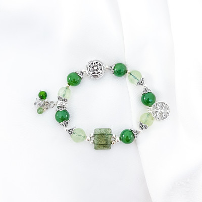 Vòng Tay Mệnh Mộc, Hỏa Đá Ngọc Phật Mix Đá Thạch Anh Xanh+ Charm Hoạ Tiết Vòng Tròn