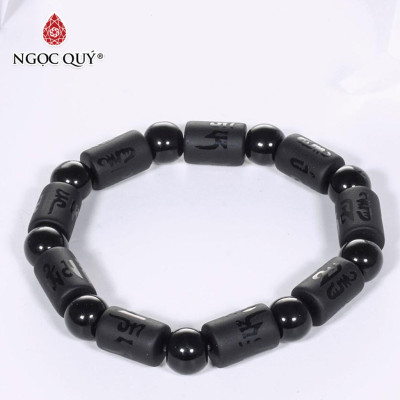 Vòng tay đá obsidian đốt trụ lục tự đại minh chú mệnh thủy, mộc - Ngọc Quý Gemstones