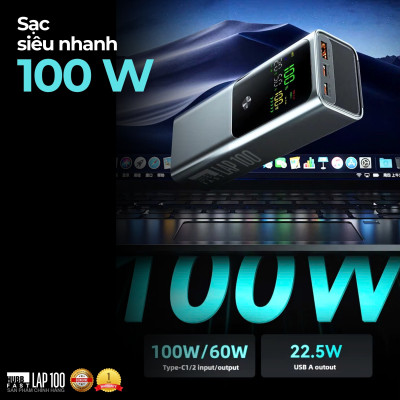 Pin Sạc Dự Phòng Laptop HubbFast LAP100 100W 26800mAh, Sạc Nhanh PD Type-C USB-A, Màn Hình LED, Đa Năng, Hàng chính hãng